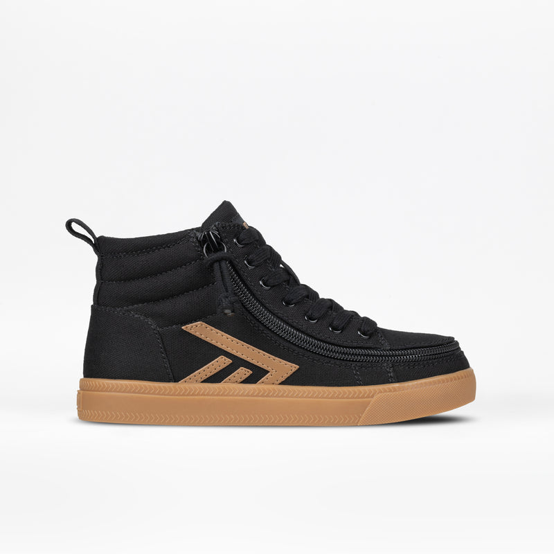 The BILLY Footwear Kids'/Toddler CS High in Gum is a black high top sneaker with a brown rubber sole, geometric accents, black laces, and a side zipper for an adjustable fit, shown on a plain white background.