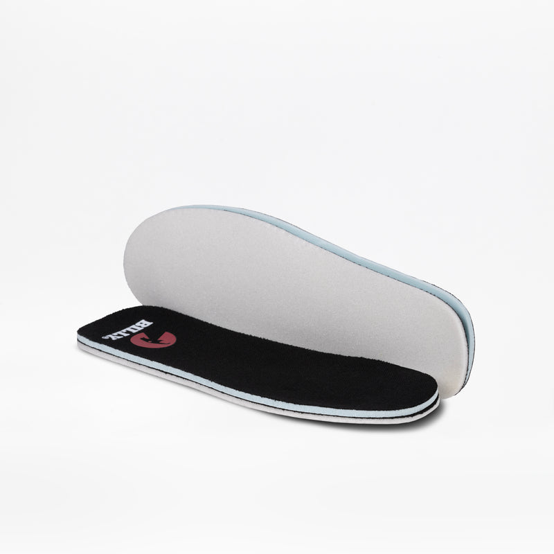 Two insoles for Black/Gum BILLY CS High by BILLY Footwear are shown on a white background. One lies flat with a black top and logo, while the other stands upright, resembling the interior of these kids' high tops.
