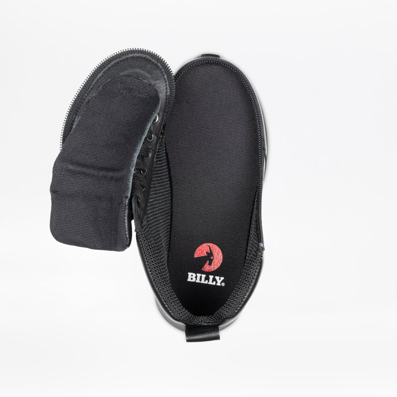 The Black Leather BILLY Goat Classic High by BILLY Footwear is a kids’ wide-width, AFO-friendly orthotic shoe in black with a side zipper, shown opened wide from above to reveal the red BILLY logo on the insole against a white background.