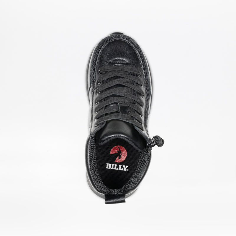 Top view of the Black Leather BILLY Goat Classic High kids shoe by BILLY Footwear, featuring black laces, a rounded toe, and the red BILLY logo on the insole. AFO-friendly. Photographed on a white background.