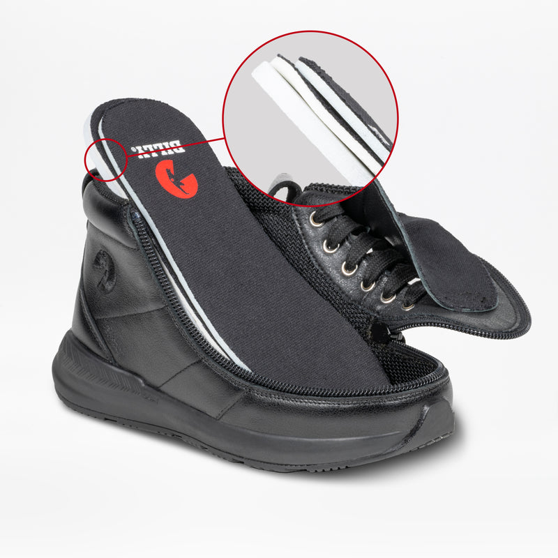 A Black Leather BILLY Goat Classic High sneaker from BILLY Footwear is cut open to reveal its layered sole, with a magnified inset highlighting its AFO-friendly design, making it ideal for kids.