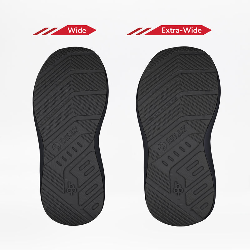 Two black soles from the BILLY Goat Classic High by BILLY Footwear are side by side on a white background. Labeled Wide and Extra-Wide, they illustrate width options for kids’ orthotic or AFO-friendly shoe needs.