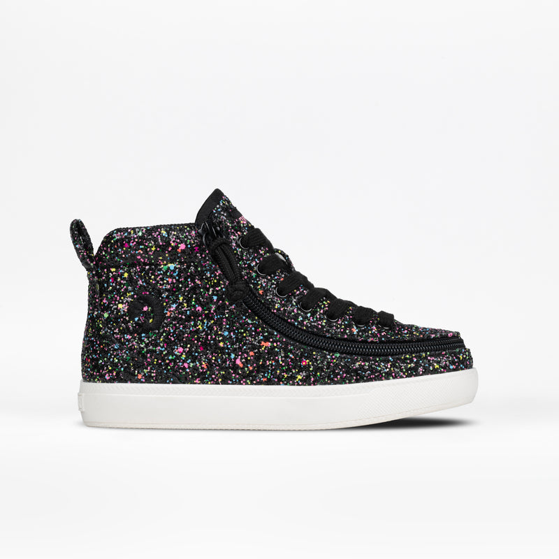 The BILLY Footwear Kids'/Toddler Classic D|R II High in Black Multi Glitter features a wide toe box, black zipper, black laces, and a white rubber sole—perfect kids’ orthotic shoes—shown against a plain white background.