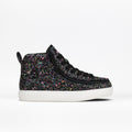 The BILLY Footwear Kids'/Toddler Classic D|R II High in Black Multi Glitter features a wide toe box, black zipper, black laces, and a white rubber sole—perfect kids’ orthotic shoes—shown against a plain white background.