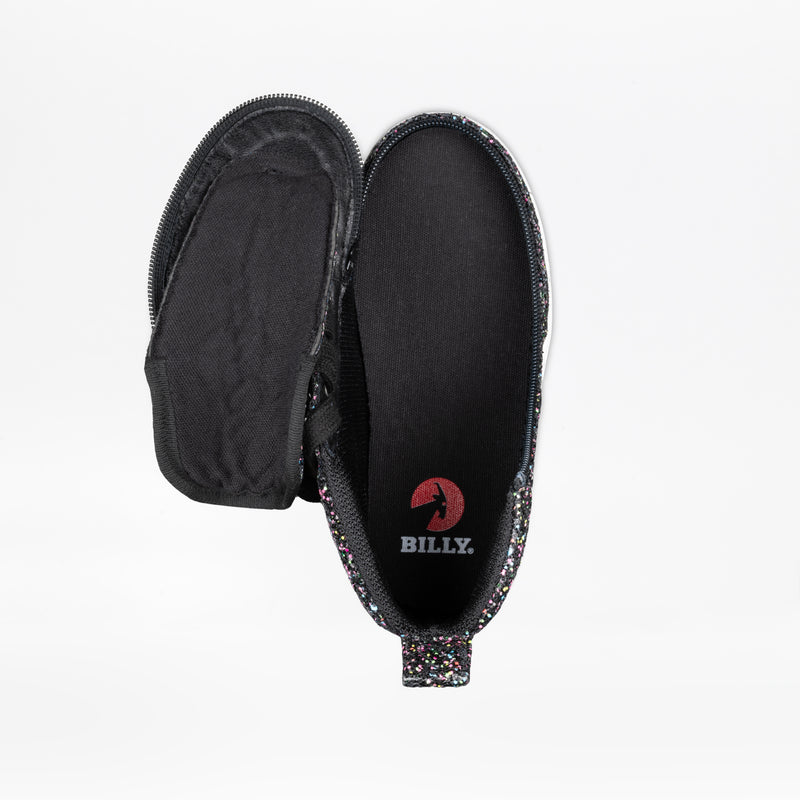 The Black Multi Glitter BILLY Classic D|R II High by BILLY Footwear is a black kids’ shoe with multicolored glitter, an open side zipper, and a red BILLY logo insole. AFO-friendly—ideal for kids who wear braces.