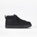 The Black to the Floor BILLY Classic D|R II High by BILLY Footwear is a black sneaker with side zipper, lace-up front, wide toe box, removable insoles, flat sole, round toe, and subtle side logo. Shown on a white background.