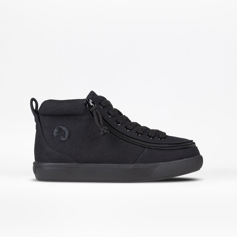 The Black to the Floor BILLY Classic D|R II High by BILLY Footwear is a black sneaker with side zipper, lace-up front, wide toe box, removable insoles, flat sole, round toe, and subtle side logo. Shown on a white background.