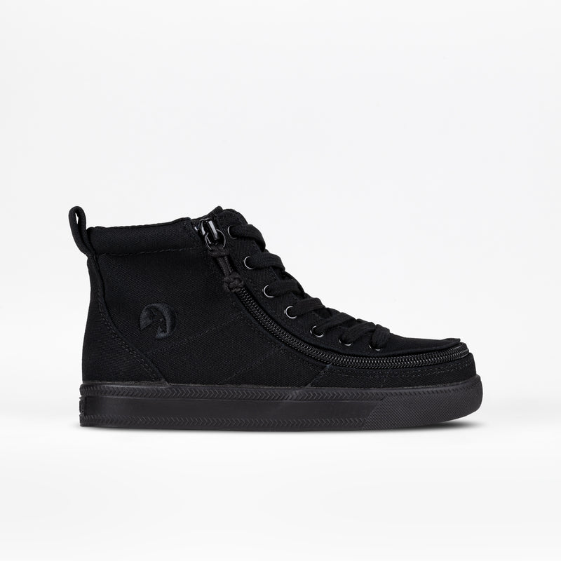 The Black to the Floor BILLY Classic Lace High by BILLY Footwear is a black high-top sneaker with a wraparound zipper, round toe, black laces, removable insoles, and a black rubber sole, displayed in profile on a white background.