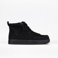The Black to the Floor BILLY Classic Lace High by BILLY Footwear is a black high-top sneaker with a wraparound zipper, round toe, black laces, removable insoles, and a black rubber sole, displayed in profile on a white background.