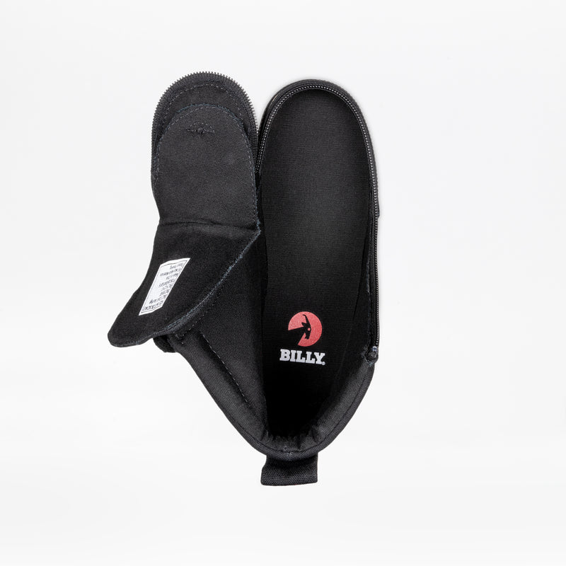 A Black to the Floor BILLY Classic Lace High shoe by BILLY Footwear is shown fully unzipped with a wraparound zipper, exposing the insole with "BILLY" visible, set against a plain white background.