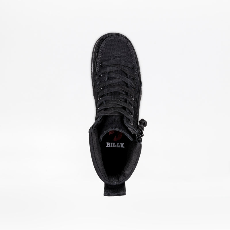 Top view of the Black to the Floor BILLY Classic Lace High sneaker by BILLY Footwear, featuring black laces, a wraparound zipper, and a white "BILLY" logo on the insole, set against a plain white background.