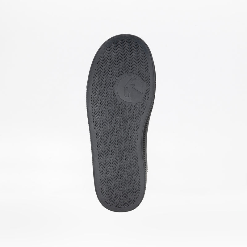 A black sole with a herringbone tread and circular logo is shown for the Black to the Floor BILLY Classic Lace High by BILLY Footwear, featuring a wraparound zipper design, set against a white background.
