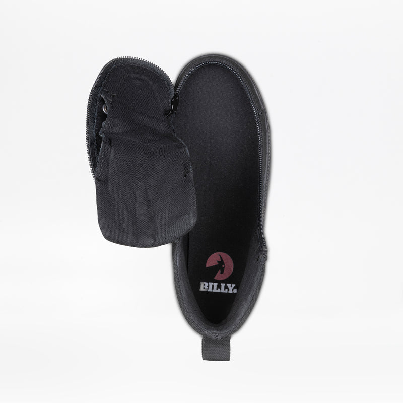 A Black to the Floor BILLY CS High sneaker by BILLY Footwear is shown unzipped to the side, revealing a black insole with a red BILLY logo. This adaptive kids high top shoe is displayed against a plain white background.