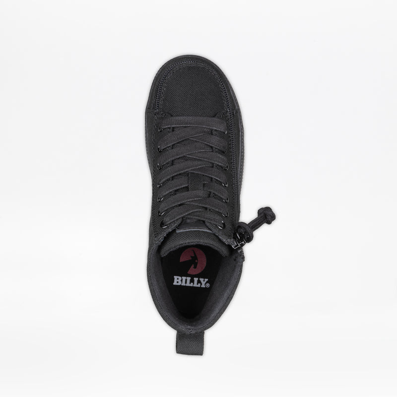 A top view of the Black to the Floor BILLY CS High by BILLY Footwear shows a black zipper shoe with a zipper around the toe and a heel pull tab. The insole features the BILLY logo in white and red, blending adaptive design with style.