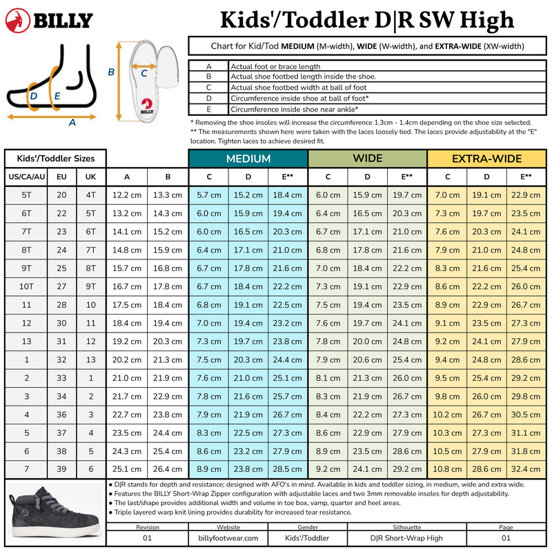 Sizing chart for Black Acid Wash BILLY D|R II Short Wrap High by BILLY Footwear, showing US/CA/AU, UK, EU sizing and foot measurements in cm. Includes medium, wide, extra wide (AFO-friendly), diagram, and fitting instructions.