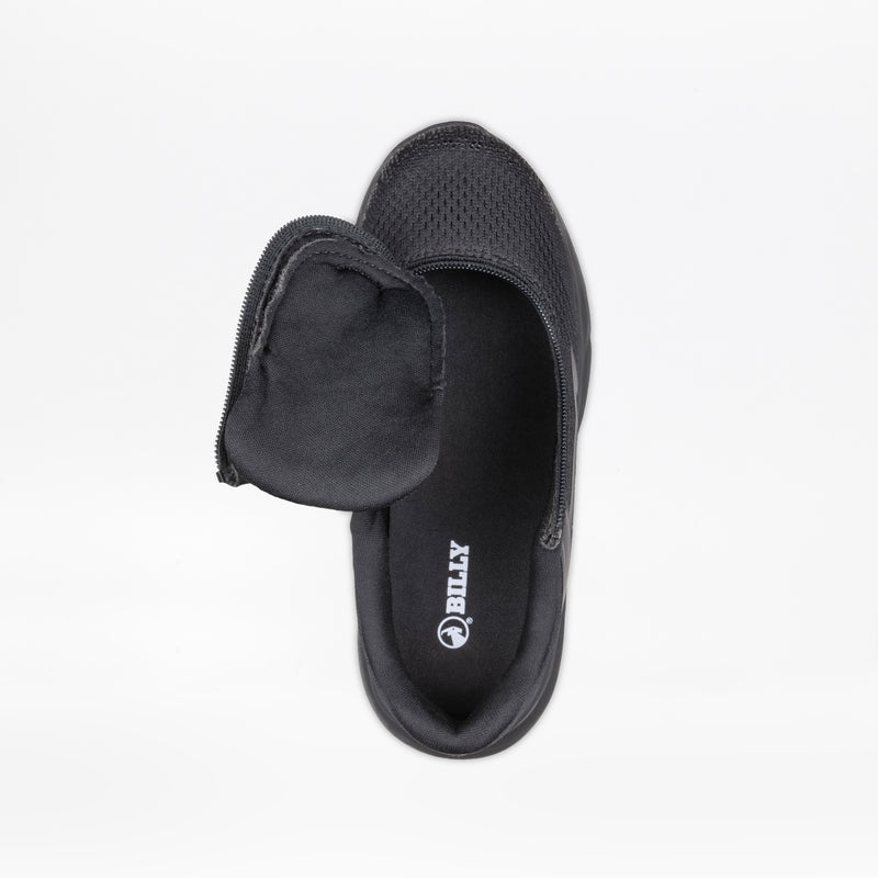 A black slip-on kids sneaker with a mesh upper and side zipper, shown from above with the zipper open to display the interior and BILLY Footwear logo—part of the Black to the Floor BILLY Sport Inclusion collection.
