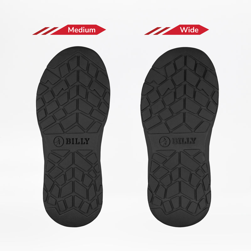 Two black Black to the Floor BILLY Sport Inclusion soles from BILLY Footwear are shown side by side. The left, labeled Medium, is narrower; the right, labeled Wide, is broader. Both have the same tread pattern highlighting fit options for kids.