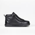 The BILLY Footwear Black to the Floor Leather BILLY Classic D|R II High is a black leather high-top sneaker with a side zipper, lace-up front, removable insoles, and textured sole, shown on a plain white background.