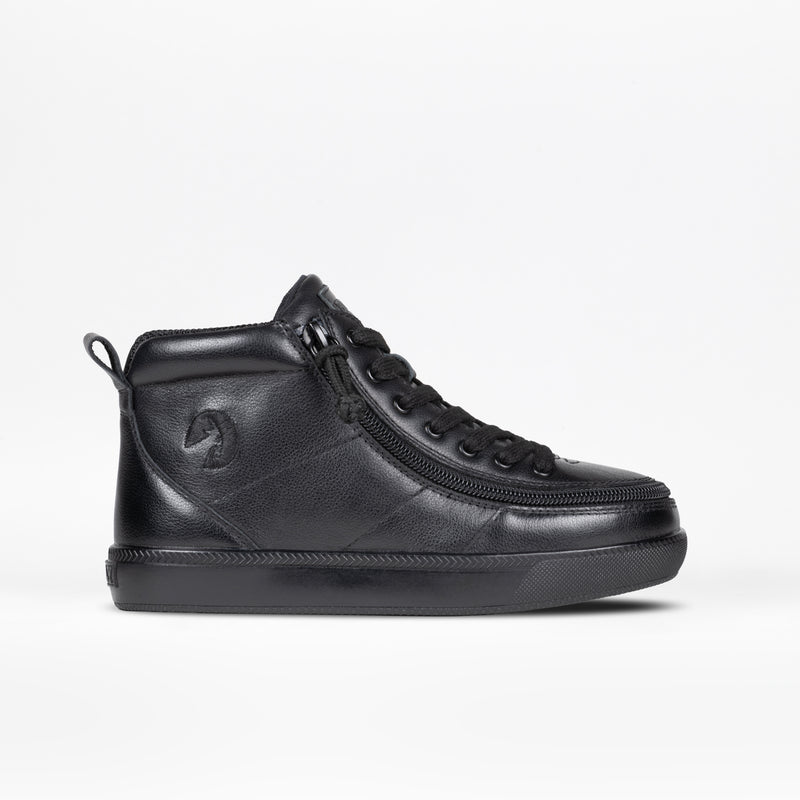 The BILLY Footwear Black to the Floor Leather BILLY Classic D|R II High is a black leather high-top sneaker with a side zipper, lace-up front, removable insoles, and textured sole, shown on a plain white background.