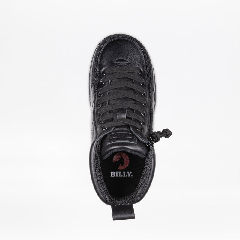 Top view of the Black to the Floor Leather BILLY Classic D|R II High by BILLY Footwear. This black sneaker has black laces, a side zipper, AFO-friendly design, removable insoles for a custom fit, and "BILLY" displayed on the insole. White background.
