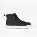 The Black/White BILLY Classic Lace High by BILLY Footwear is a black high-top sneaker with a white sole, wraparound zipper, and black laces, shown in profile on a plain white background.