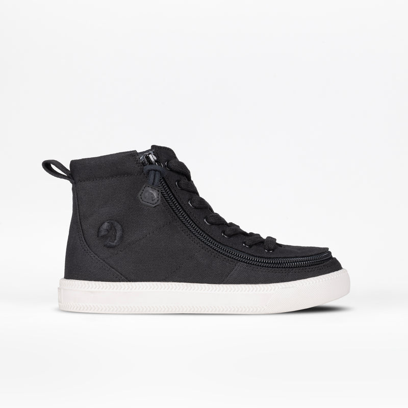 The Black/White BILLY Classic Lace High by BILLY Footwear is a black high-top sneaker with a white sole, wraparound zipper, and black laces, shown in profile on a plain white background.