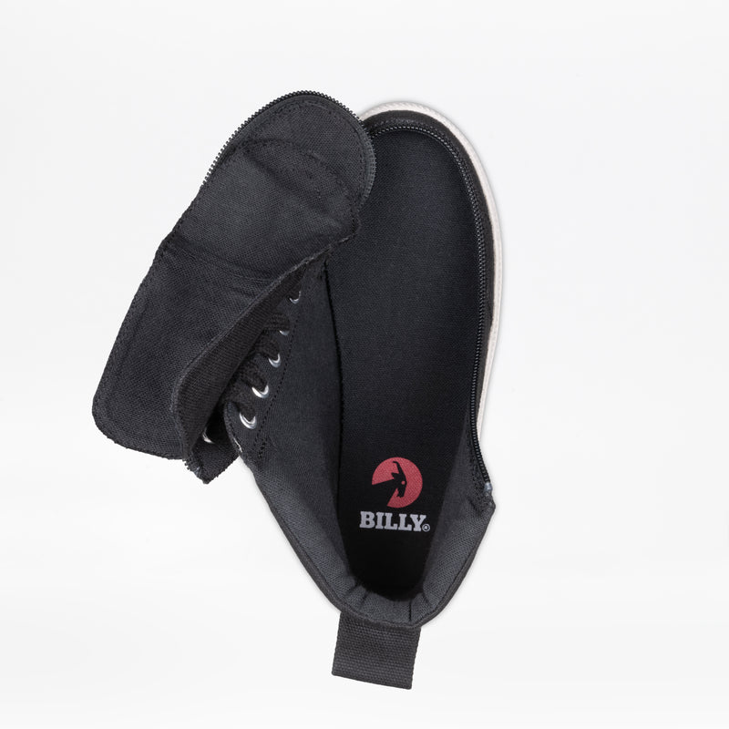 A Black/White BILLY Classic Lace High shoe by BILLY Footwear shown from above with the upper unzipped and folded open, showcasing the wraparound zipper, interior, and BILLY logo on the insole.