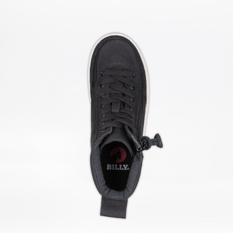 Top view of the Black/White BILLY Classic Lace High by BILLY Footwear with a partially open wraparound zipper, black laces, white sole, and insole featuring the BILLY logo. The shoe is set on a plain white background.