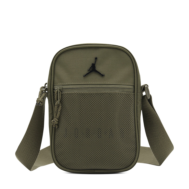 Medium olive festival bag with front pocket and Jumpman-style logo, side straps