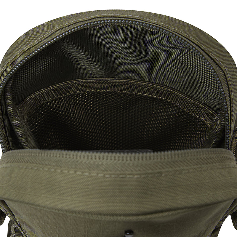 Medium olive festival bag close-up: zip top, mesh front panel, logo