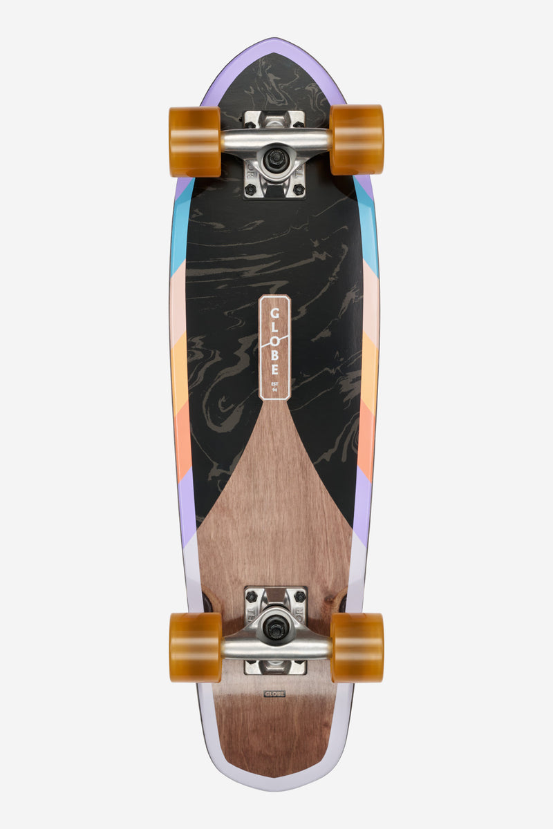 Top-down view of the Far Out 26 longboard with purple nose, multicolor rails, black marble deck and orange wheels