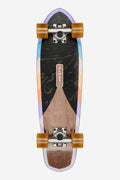 Top-down view of the Far Out 26 longboard with purple nose, multicolor rails, black marble deck and orange wheels