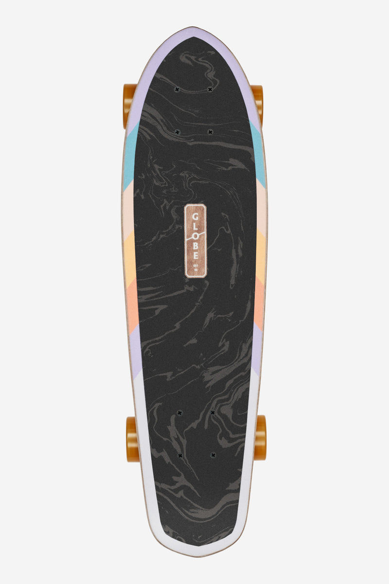 Top-down view of the Far Out deck with purple nose pastel rails and black marble surface with a wood badge