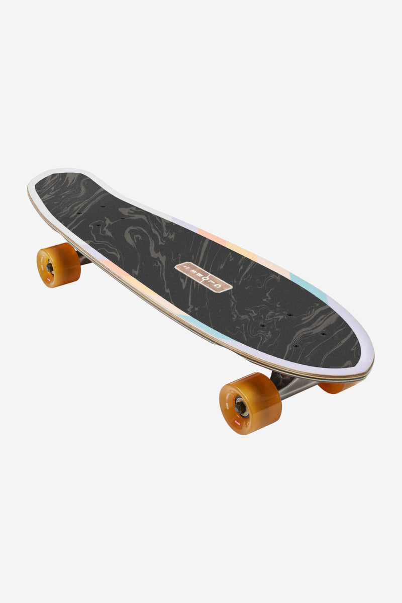 Blazer Far Out 26 inch cruiser skateboard with dark wood grain deck pastel edge and orange wheels.