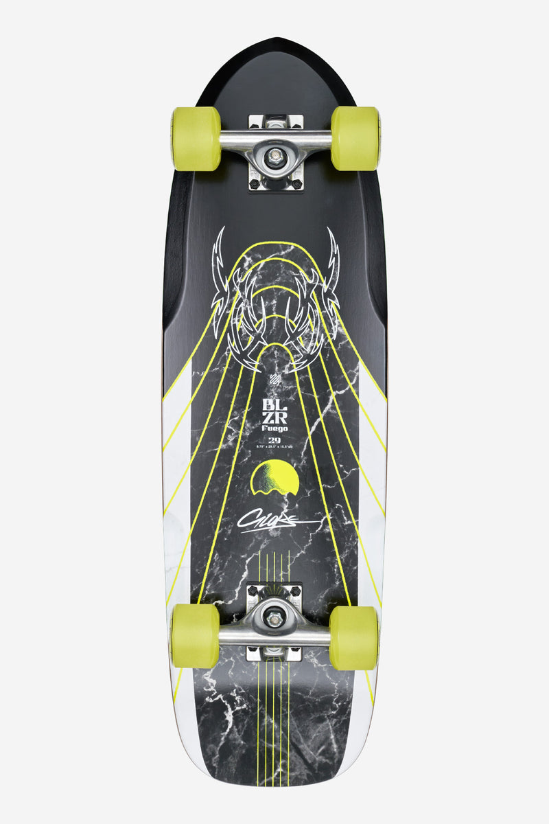 Top view of Blazer Fuego 29 longboard in Bamboo Green with neon yellow wheels and dark marble deck graphic