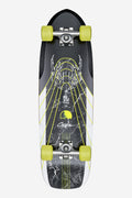 Top view of Blazer Fuego 29 longboard in Bamboo Green with neon yellow wheels and dark marble deck graphic
