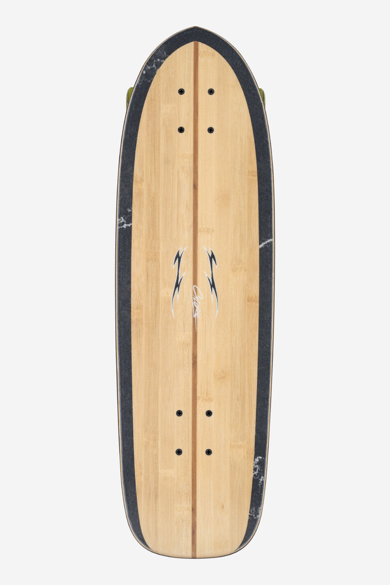 Front view of Blazer Fuego 29 bamboo longboard deck showing natural wood grain and black edge rails