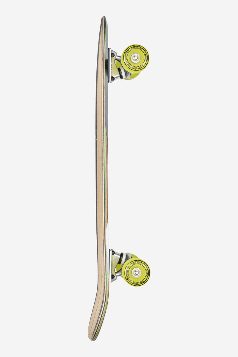 Side view of Blazer Fuego 29 bamboo longboard with bright yellow wheels and integrated trucks
