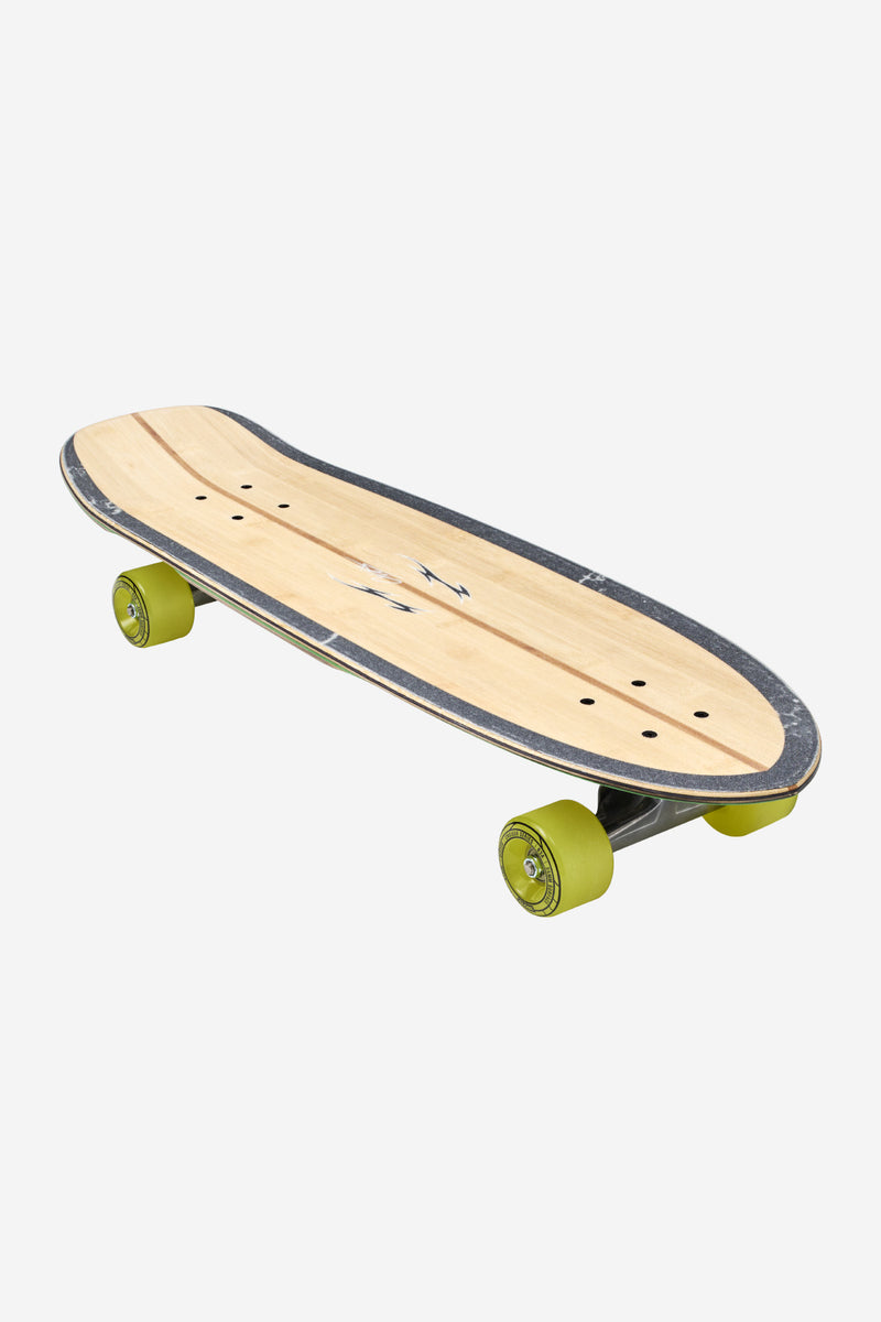 Globe Blazer Fuego 29 cruiserboard with bamboo deck lime green wheels and silver Tensor ATG trucks.