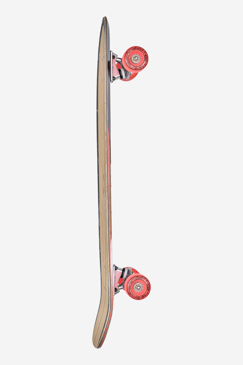 Side view of the Blazer Fuego 32 longboard showing bamboo deck and red wheels.