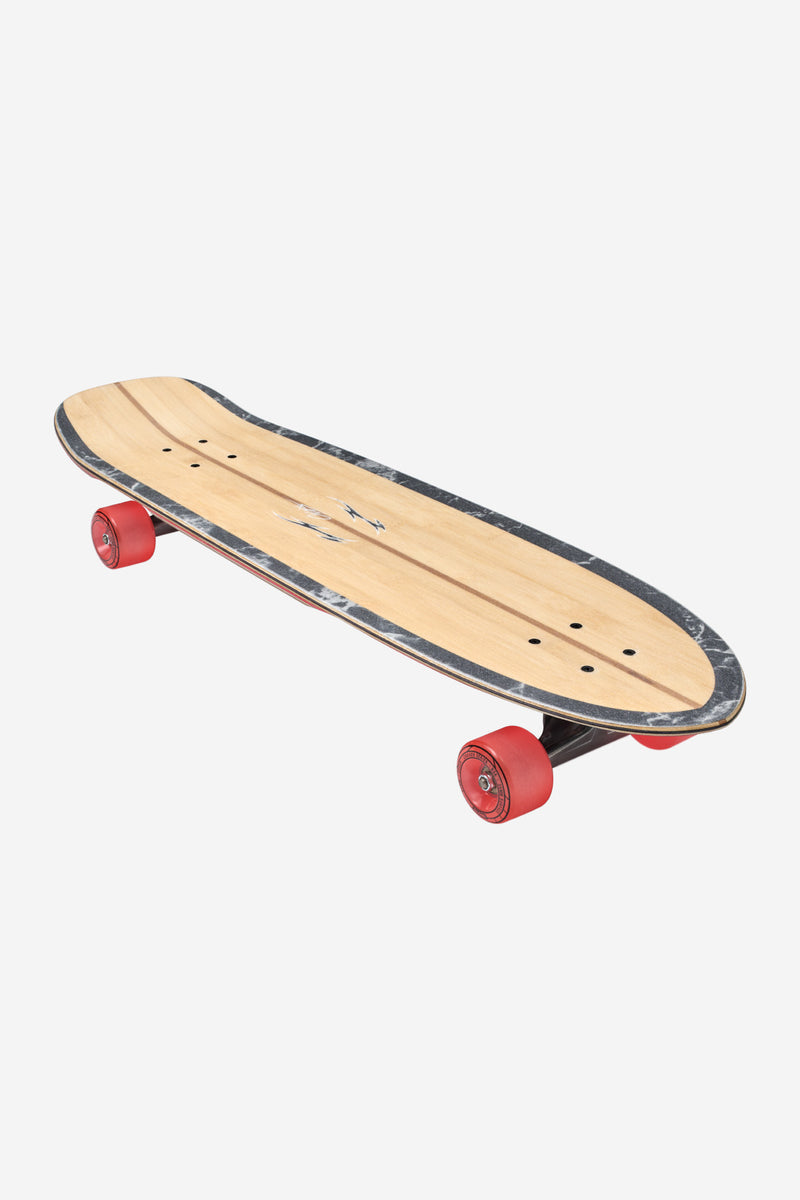 Angled top view of the Blazer Fuego 32 bamboo longboard with red wheels.