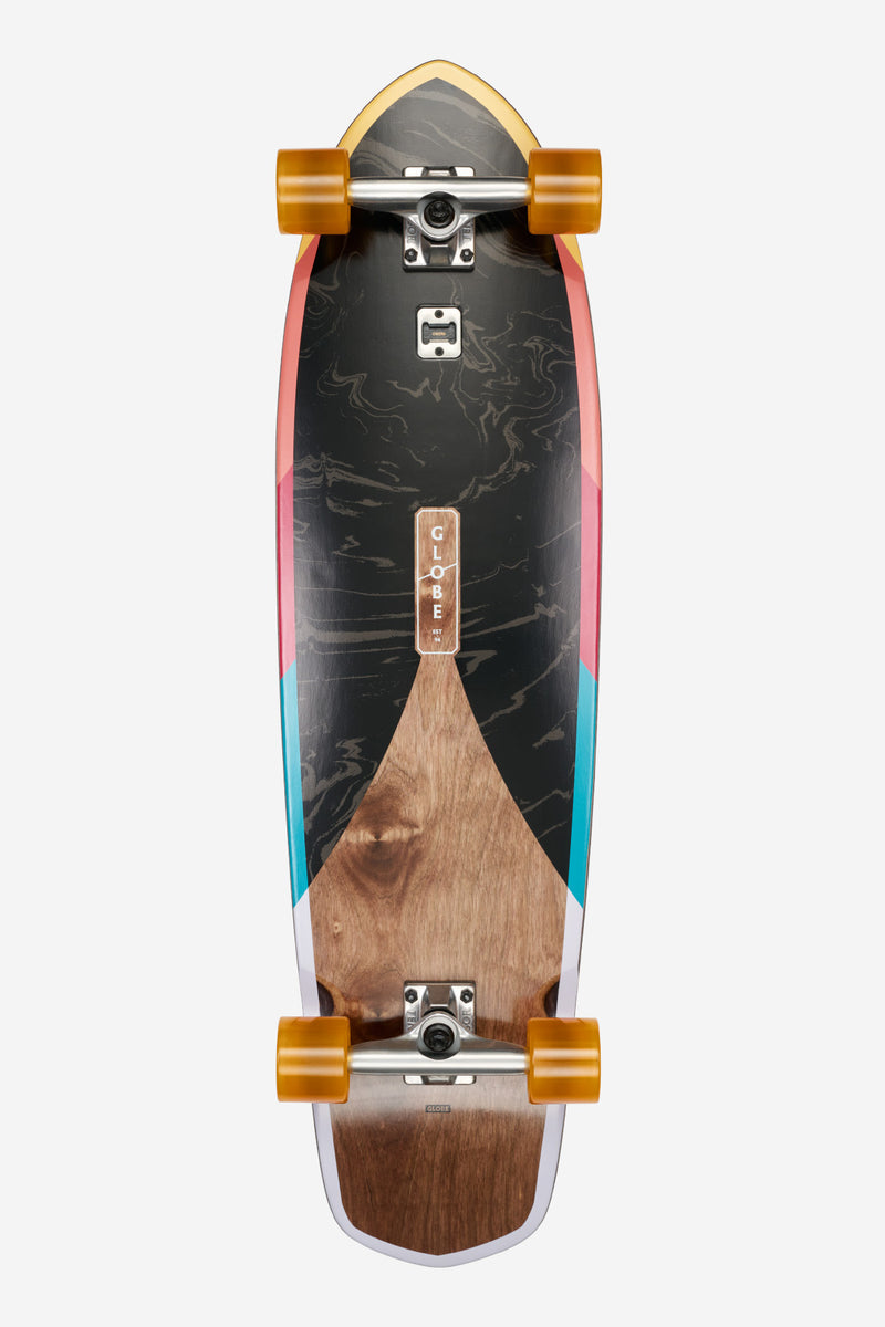 Top view of Blazer XL Dig It longboard showing a resin maple deck with bold color edges and orange wheels.
