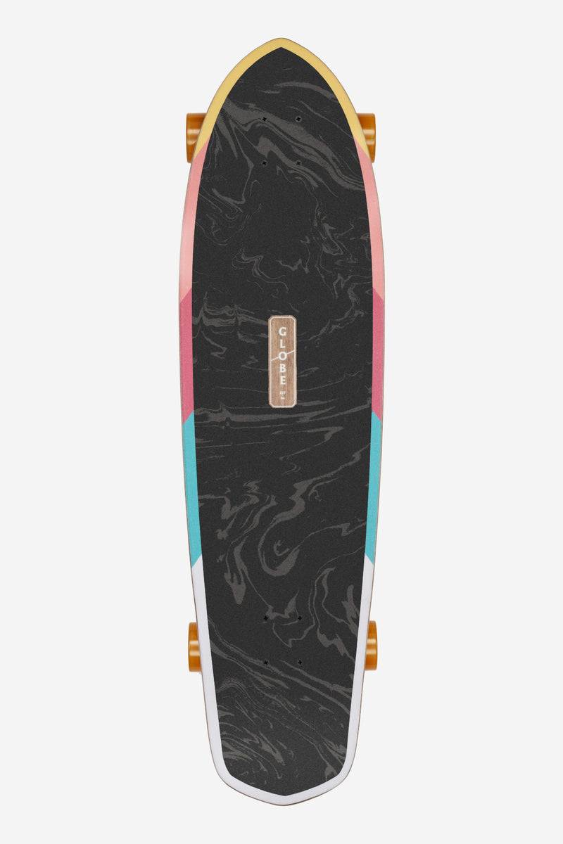 Angled front view of Blazer XL Dig It longboard with colorful edge graphics and orange cruiser wheels.