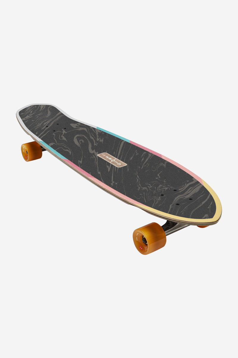 Dig It Blazer XL longboard with dark marbled deck, pastel edge stripes and orange wheels