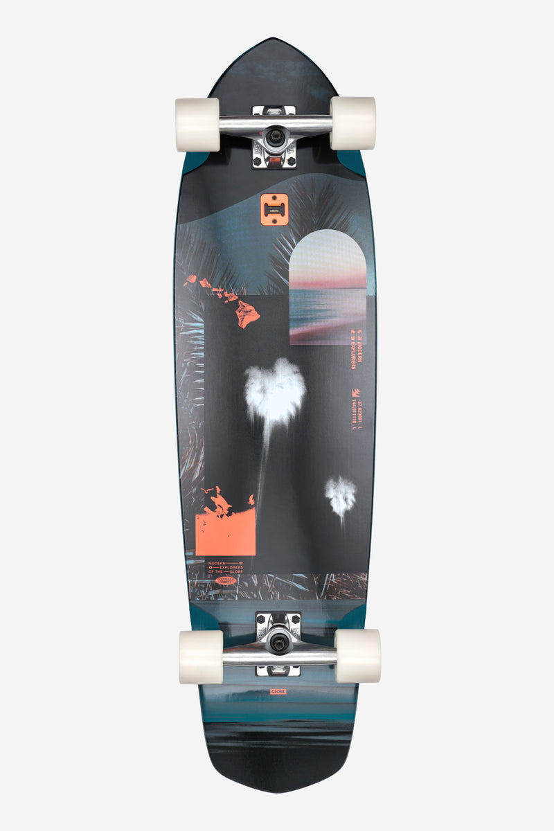 Top view of Blazer XL Twilight Expedition longboard with sunset graphic and kicktail