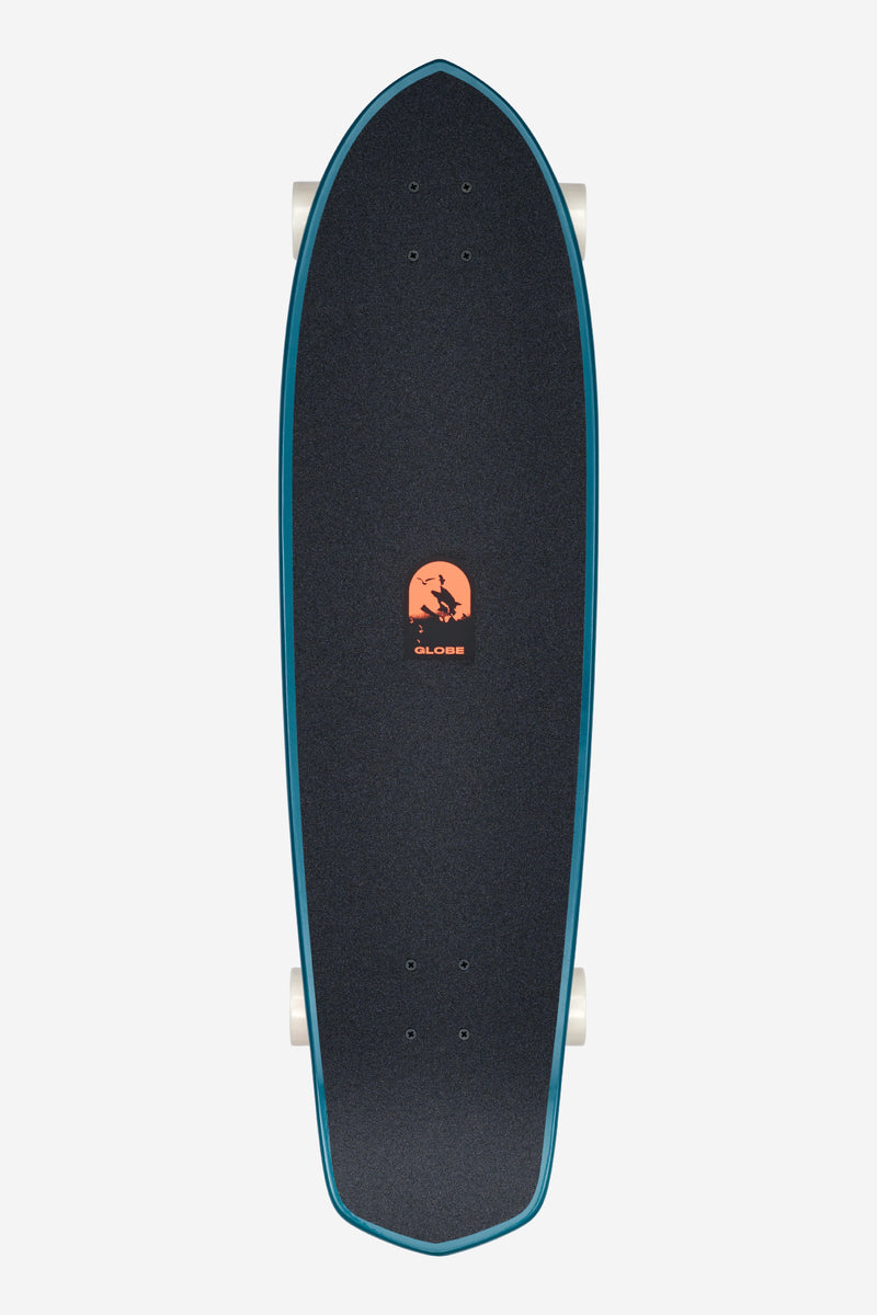 Top-down view of Blazer XL 36 Twilight Expedition longboard deck with dark grip tape teal edge and orange Globe logo