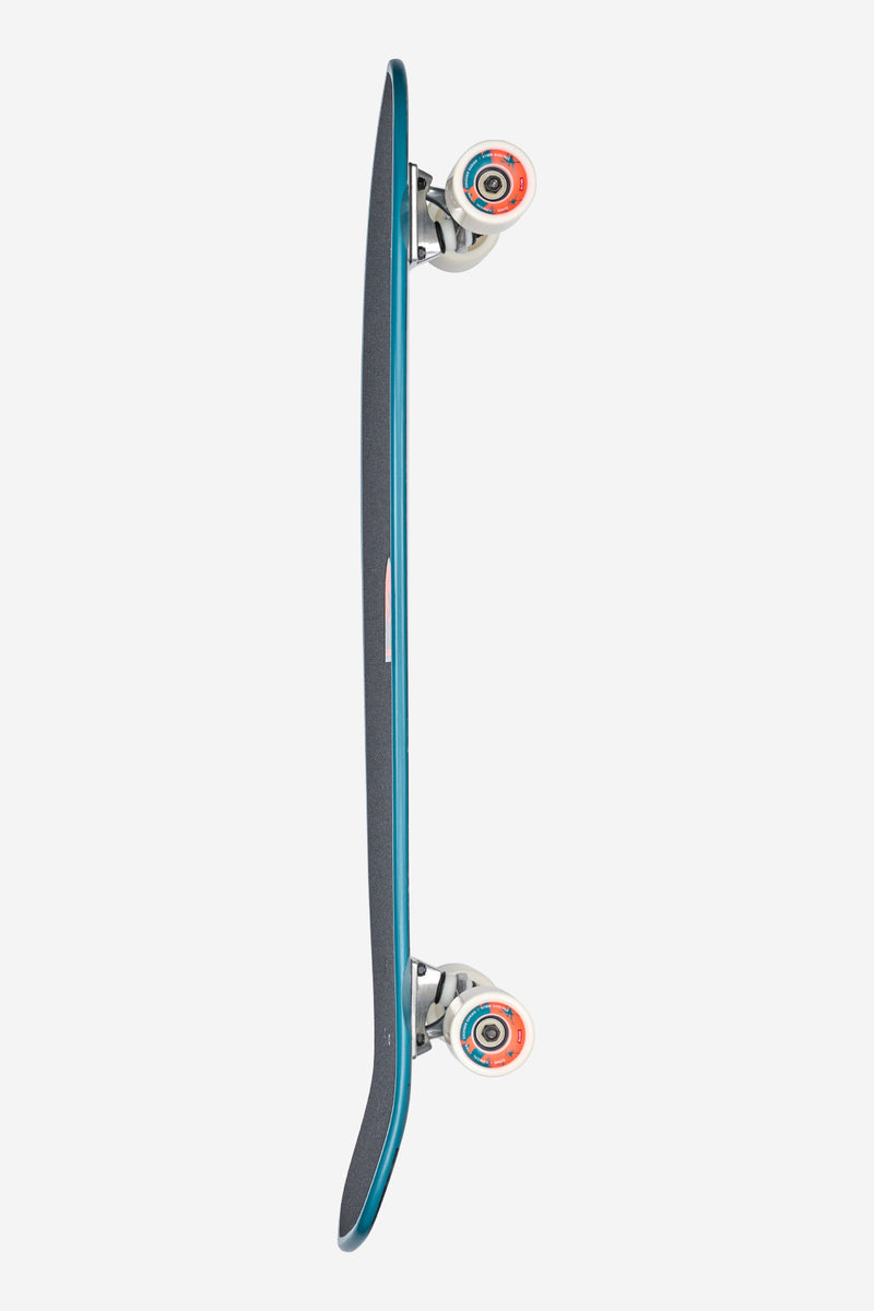 Side profile of Twilight Expedition longboard with teal rails dark grip tape and white wheels