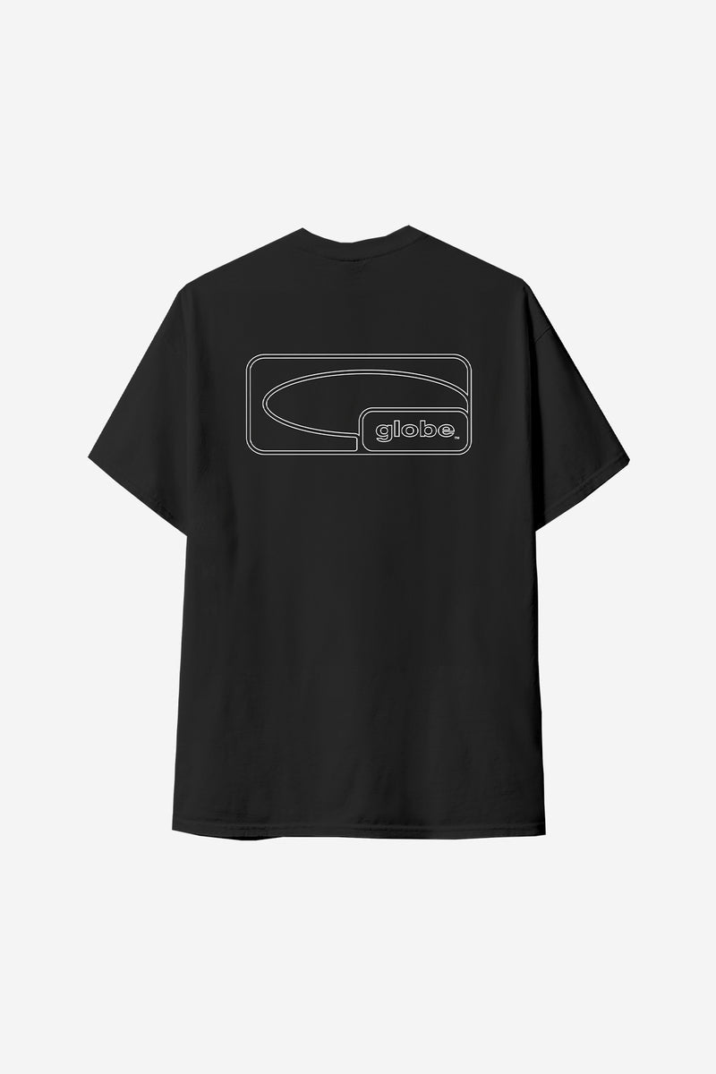 Back view of black Block Tee with white outlined logo graphic centered on the back.