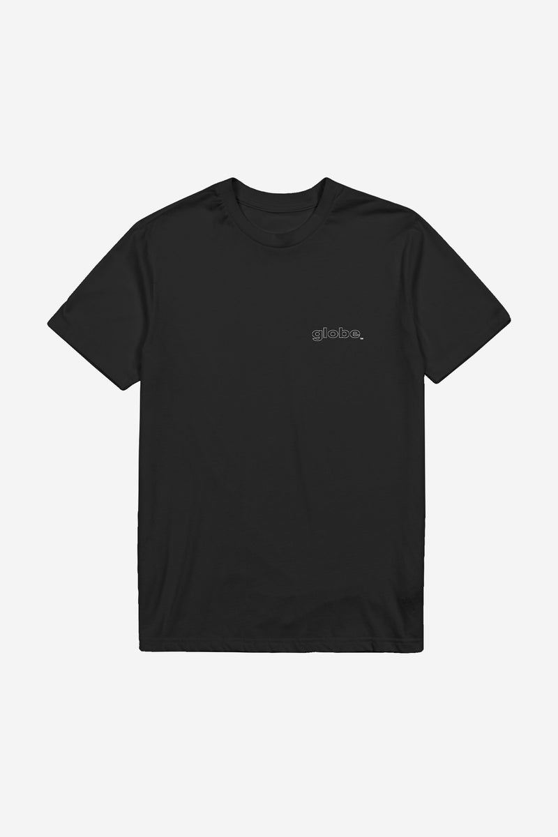 Front view of black Block Tee with small white Globe logo on the left chest.