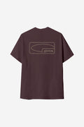 Prune colored Block Tee back view with a large outlined rectangular graphic on the back